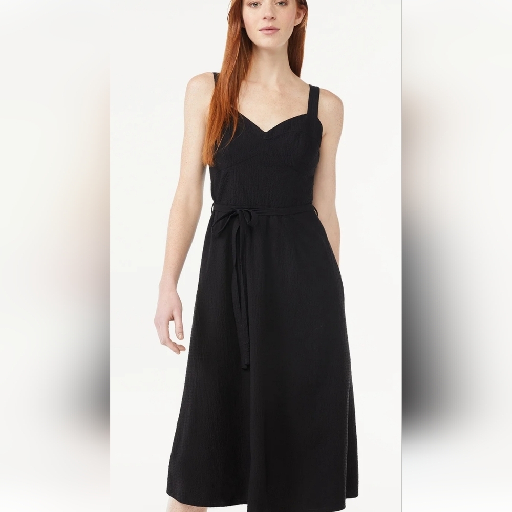 Free Assembly Cotton Casual Midi Black Sleeveless Tie Waist Dress NWT Large